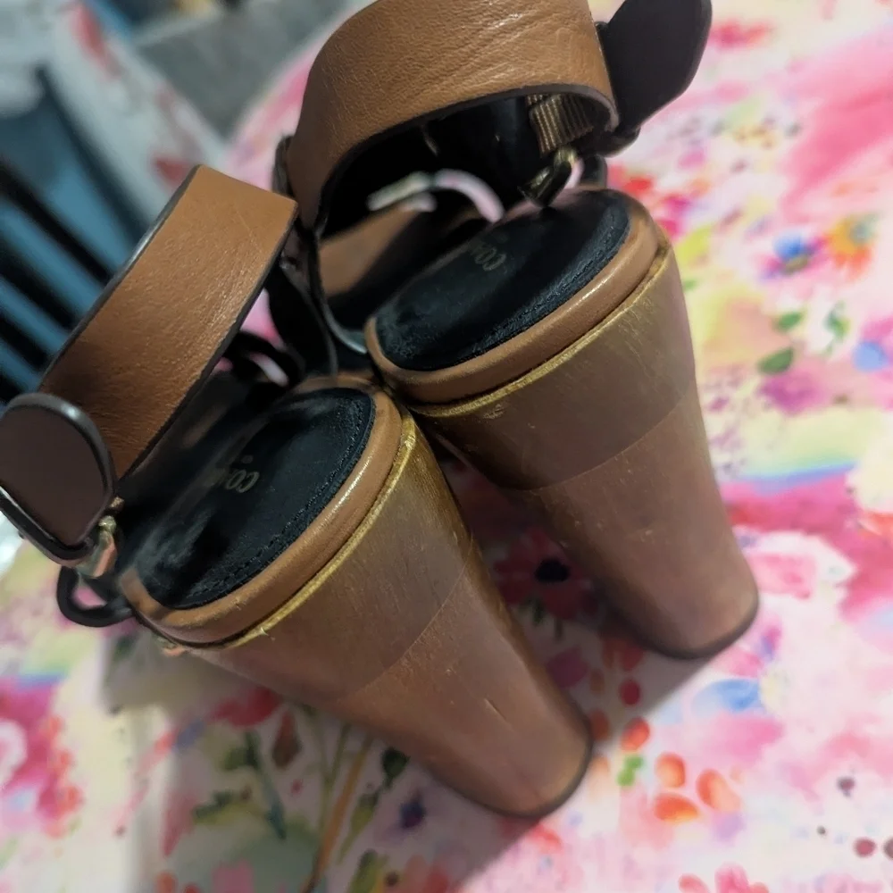 Coach Brown and Gold Heels with Chunky Block Design